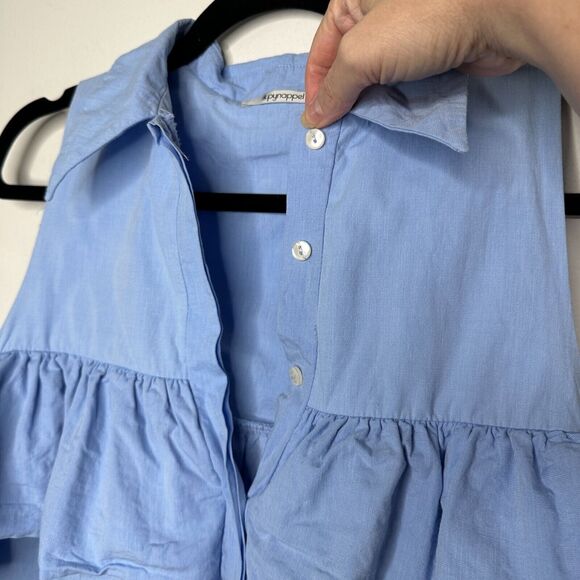 Chic Light Denim Blue Ruffled Cold Shoulder Half Front Button Flowy Blouse Small - Picture 6 of 13